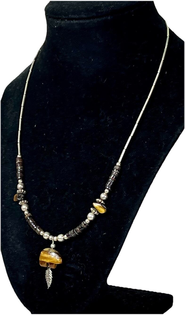 Tigers Eye Bear Fetish Pendant Necklace Silver Feather & Heishi Beads Southwest